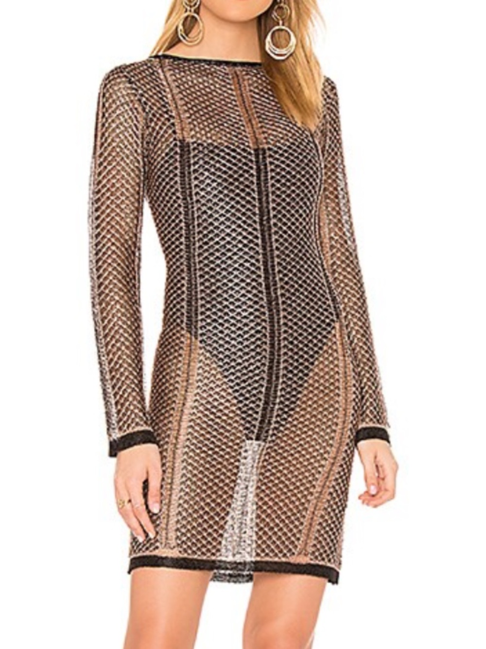 REVOLVE Black & Gold Sheer Net Long-Sleeve Mini Dress